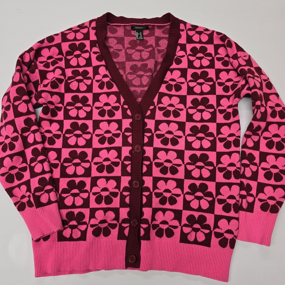 Forever 21 Pink Burgundy Floral Checkered Button Front Cardigan Sweater Medium